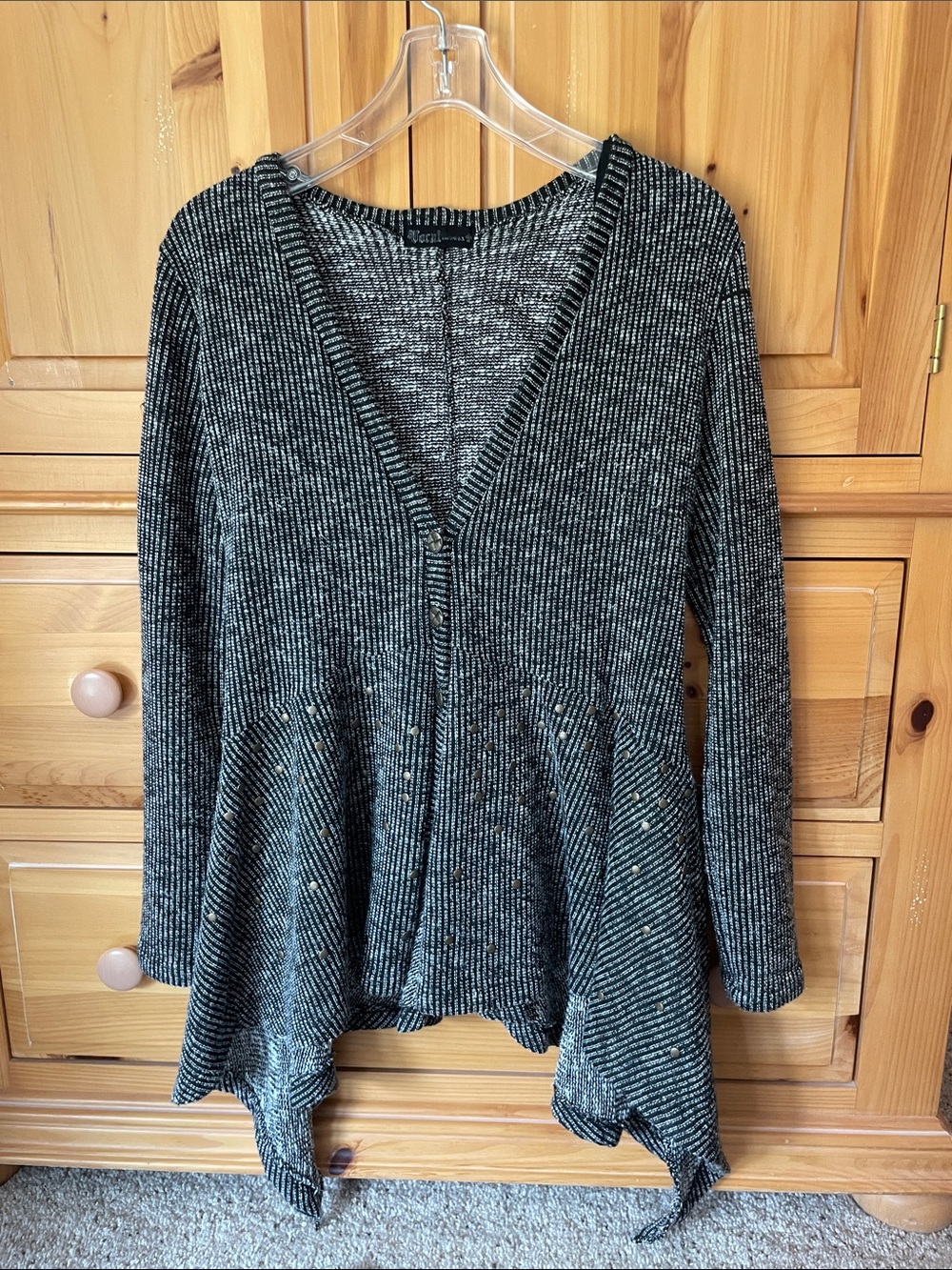 Vocal Black and Gray Ribbed 3 button Cardigan with stud detailing